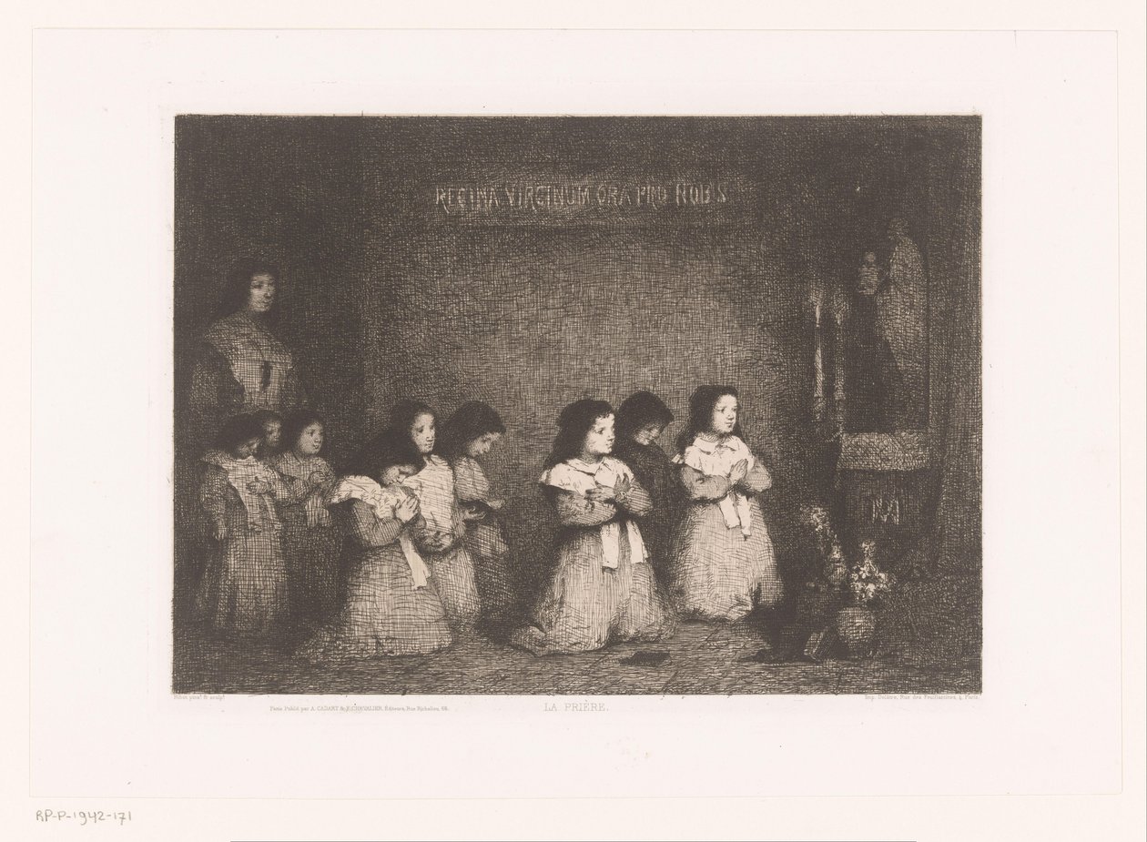 Bir grup kız Virgin La Prière heykelinin önünde dua ediyor (nesne üzerindeki başlık) Eaux-Fortes Modernes: Originales et Inédites (dizi başlığı) by Théodule Augustin Ribot