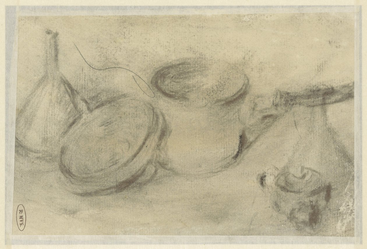 Bir natürmort tava ve bir şişe taslağını by Théodule Augustin Ribot