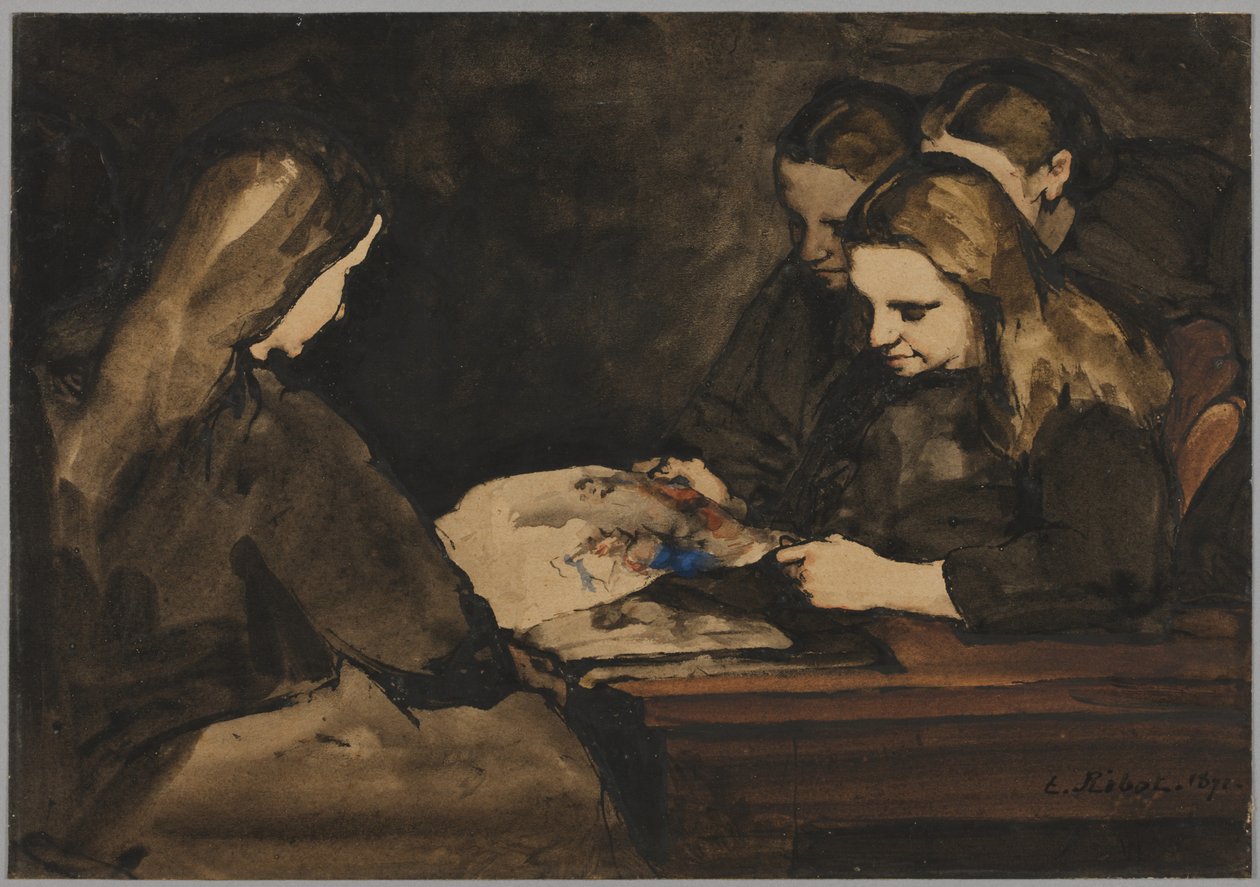 Bir Çizimi İnceleyen Dört Kız, 1876. by Auguste Theodule Ribot