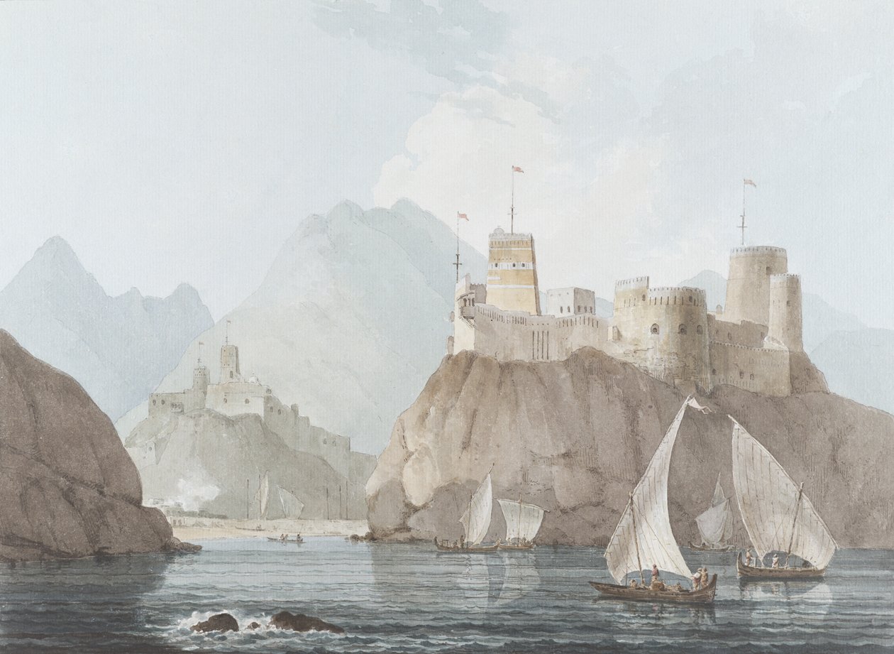Jellali ve Merani Kalelerinin Doğu Görünümü, Muskah, Arabistan, Haziran 1793 (kağıt üzerinde wc, kalem ve mürekkep ve kurşun kalem) by Thomas und William Daniell