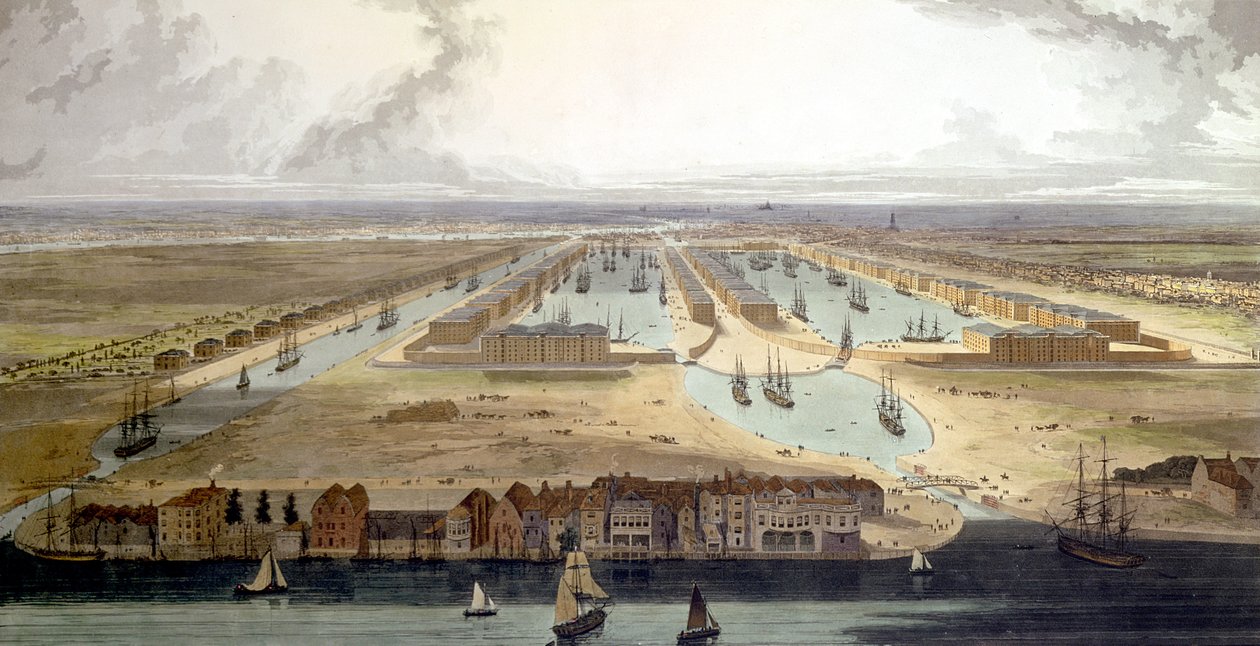 Yeni Rıhtım ve Ambarların Yükseltilmiş Görünümü, 1802 by Thomas und William Daniell