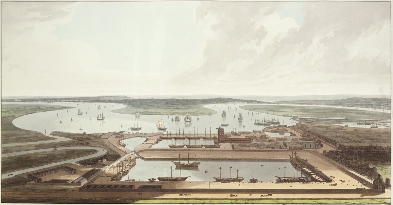 Doğu Hindistan Rıhtımlarının Görünümü, 1803 (aquatint) by Thomas und William Daniell
