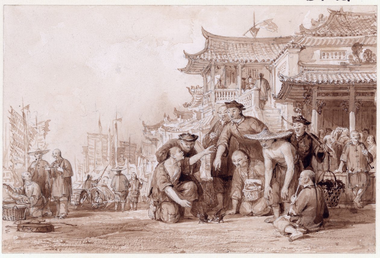 Canton Bargemen Fighting Bıldırcınlar, 1843 (kağıt üzerinde mürekkep ve kurşun kalem) by Thomas Allom