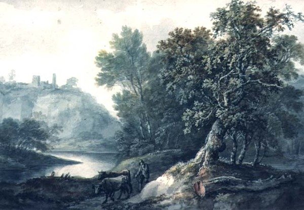 Nehir ve Sığır Manzarası (kağıt üzerinde wc) by Thomas Barker of Bath