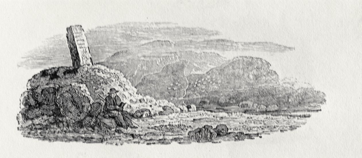 Bir kilometre taşının altında okuyan gezgin (ahşap oyma) by Thomas Bewick