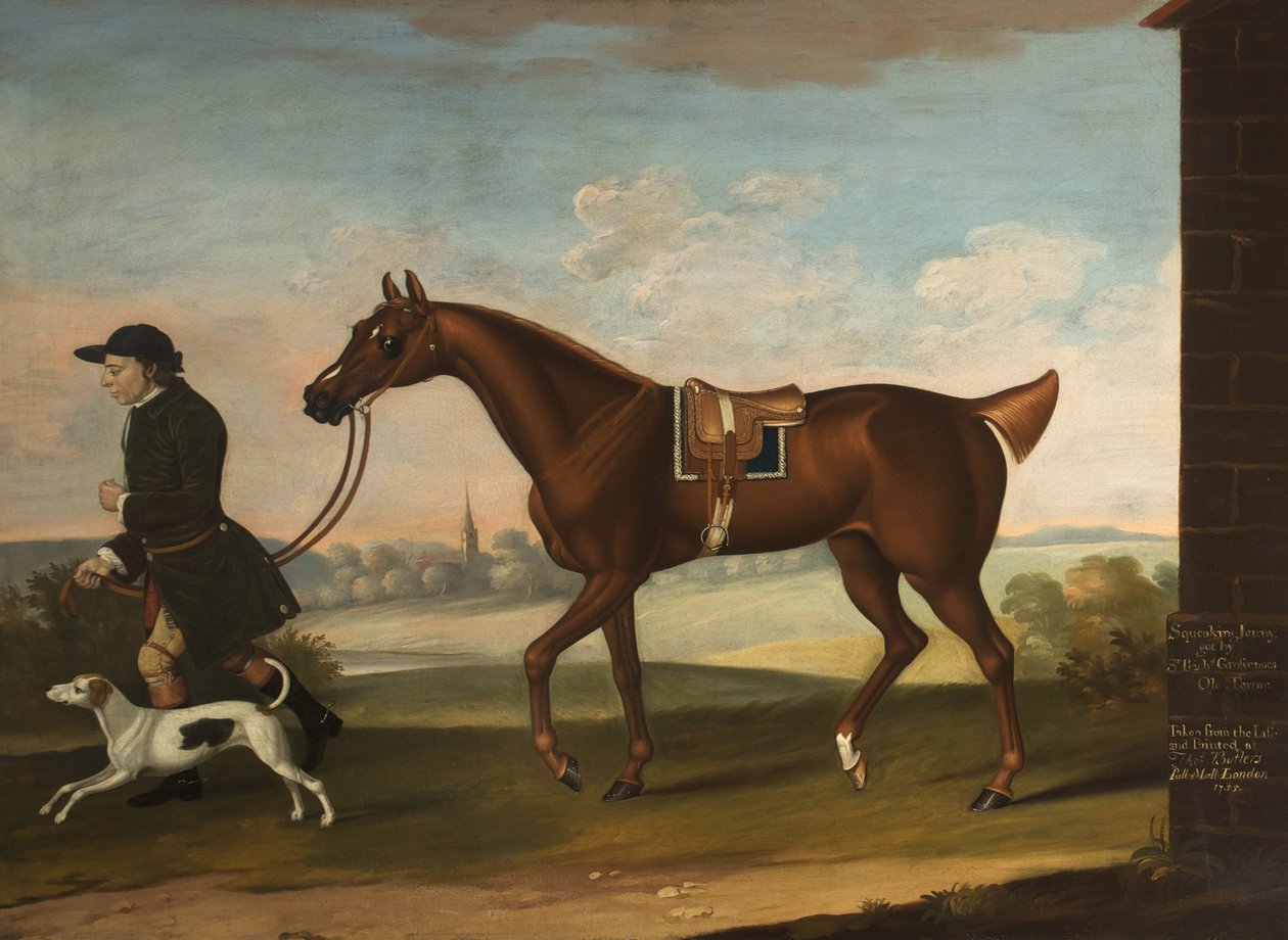 Gıcırdayan Jenni, Sir Richard Grosvenors tarafından alındı Sir P. B. Leicesters Groom ve Hound ile Eski Terör, 1755 by Thomas, of Pall Mall Butler