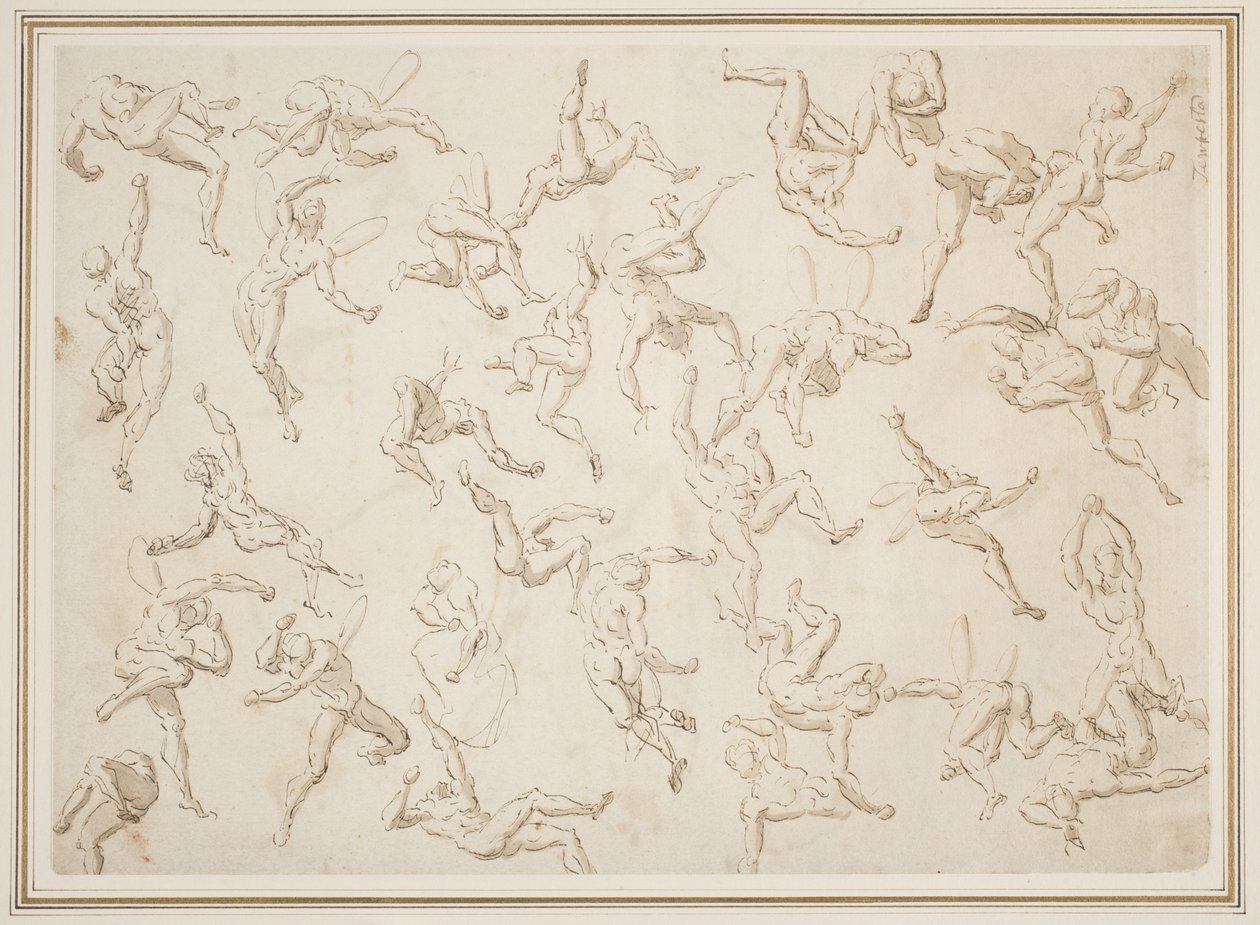 Şekil Çalışmaları Sayfası (kremalı kağıt üzerine yıkamalı kalemle uygulanan kahverengi mürekkep) by Thomas Carwitham