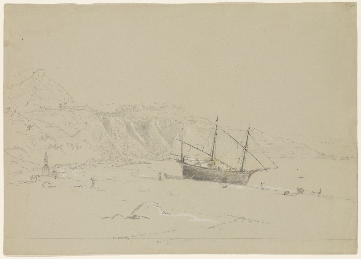 Boat on a Beach near Taormina, Sicily, 1842 (pencil heightened with white chalk on paper) by Thomas Cole