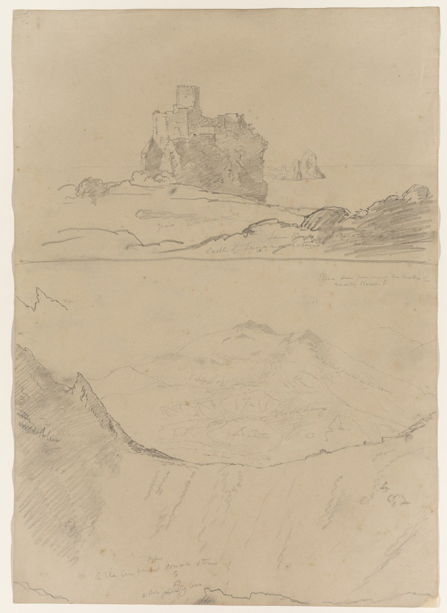 Bátur á strönd nálægt Taormina, Sikiley, 1842 (blýantur stækkaður með hvítum krít á pappír) by Thomas Cole