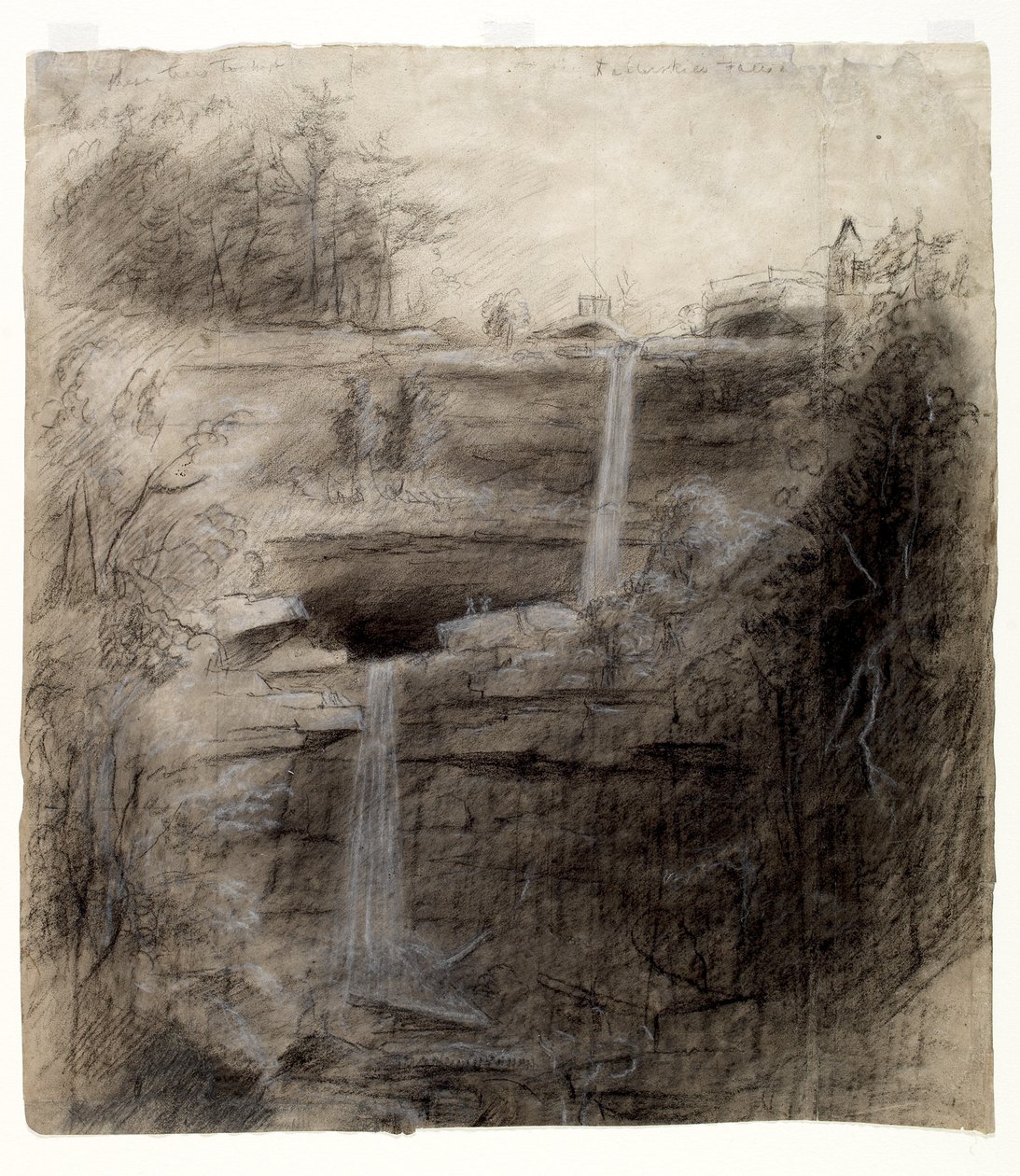 Double Waterfall - Kaaterskill Falls, 1826 (kağıt üzerinde kömür, siyah-beyaz mum boya ve grafit kalem) by Thomas Cole