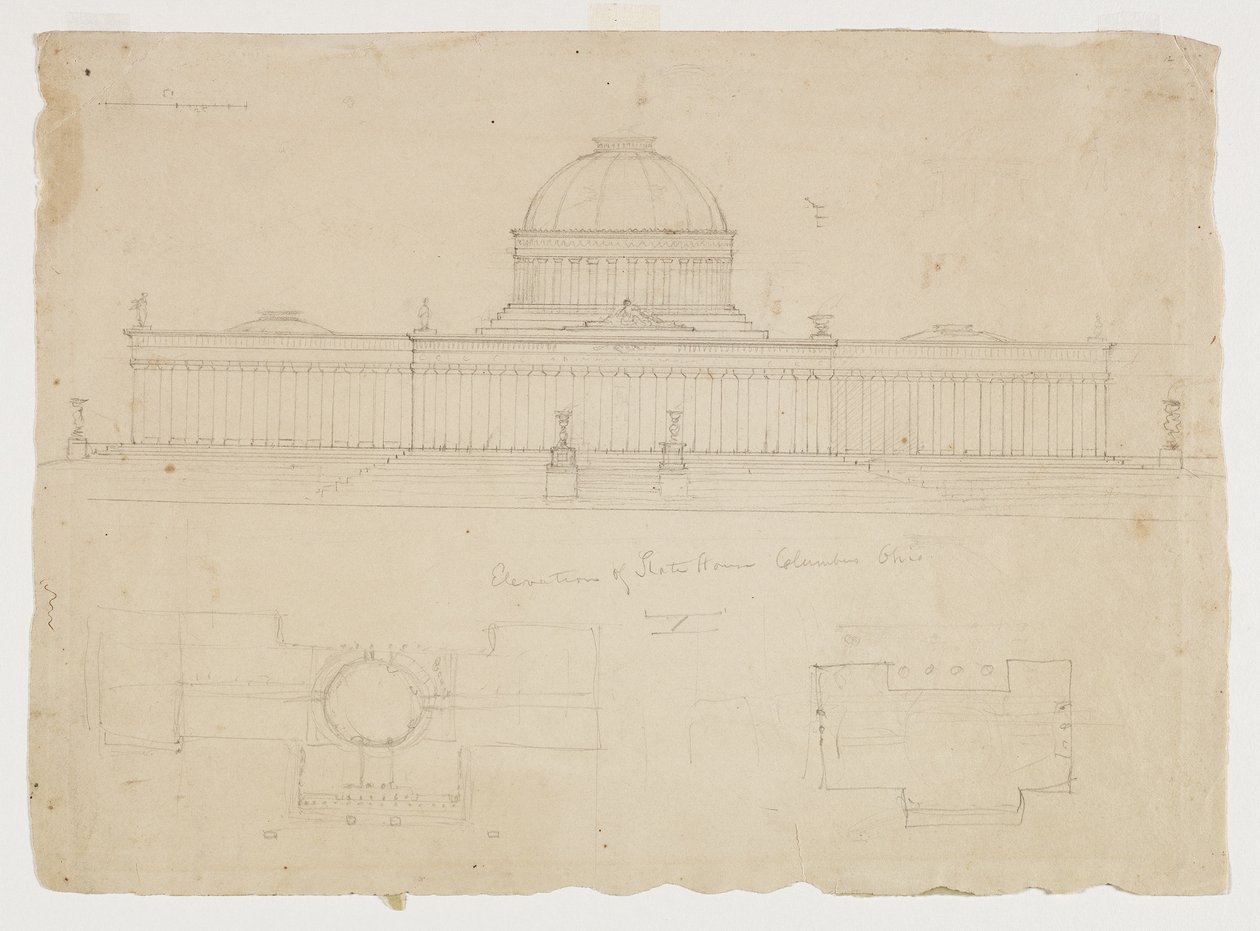 Devlet Evi Yüksekliği, Columbus, Ohio, c.1838 (bej dokuma kağıt üzerine grafit kalem) by Thomas Cole