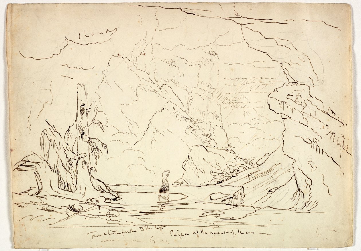 İlyas Mağaranın Ağzında, c.1829 (kağıt üzerinde grafit üzerine kalem ve mürekkep) by Thomas Cole
