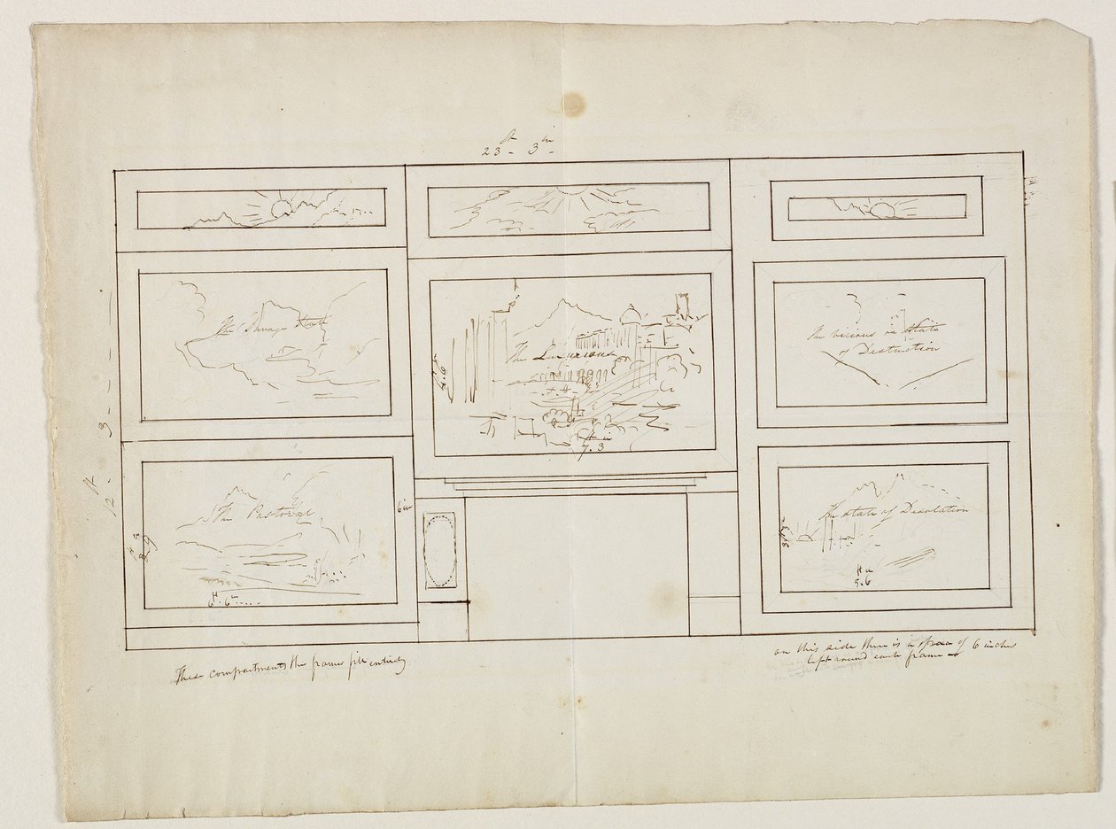 Layout for The Course of Empire, 1833 (pen & ink over pencil on paper) by Thomas Cole