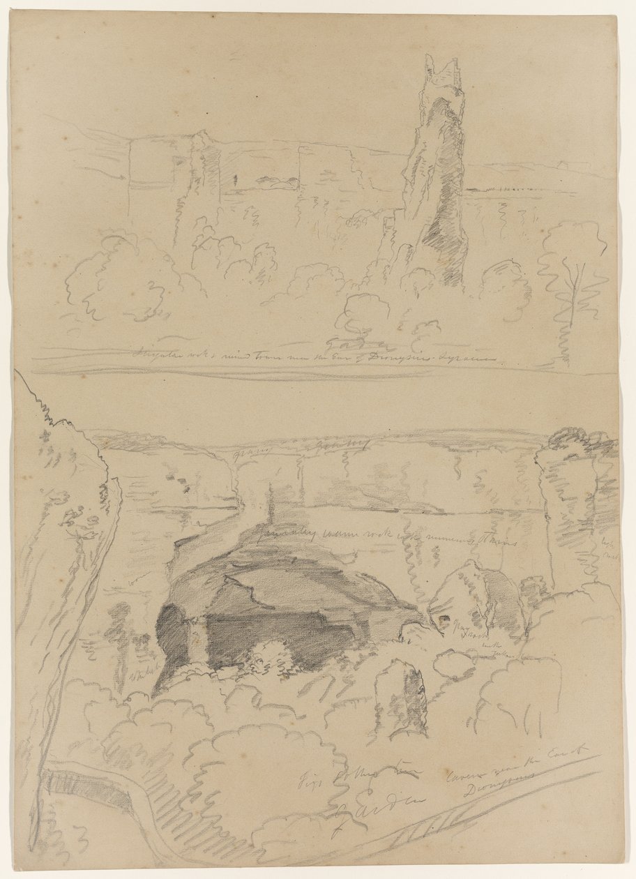 Rock, Tower Ruins and Cavern near the Ear of Dionysus, Syracuse, Sicily, 1842  by Thomas Cole