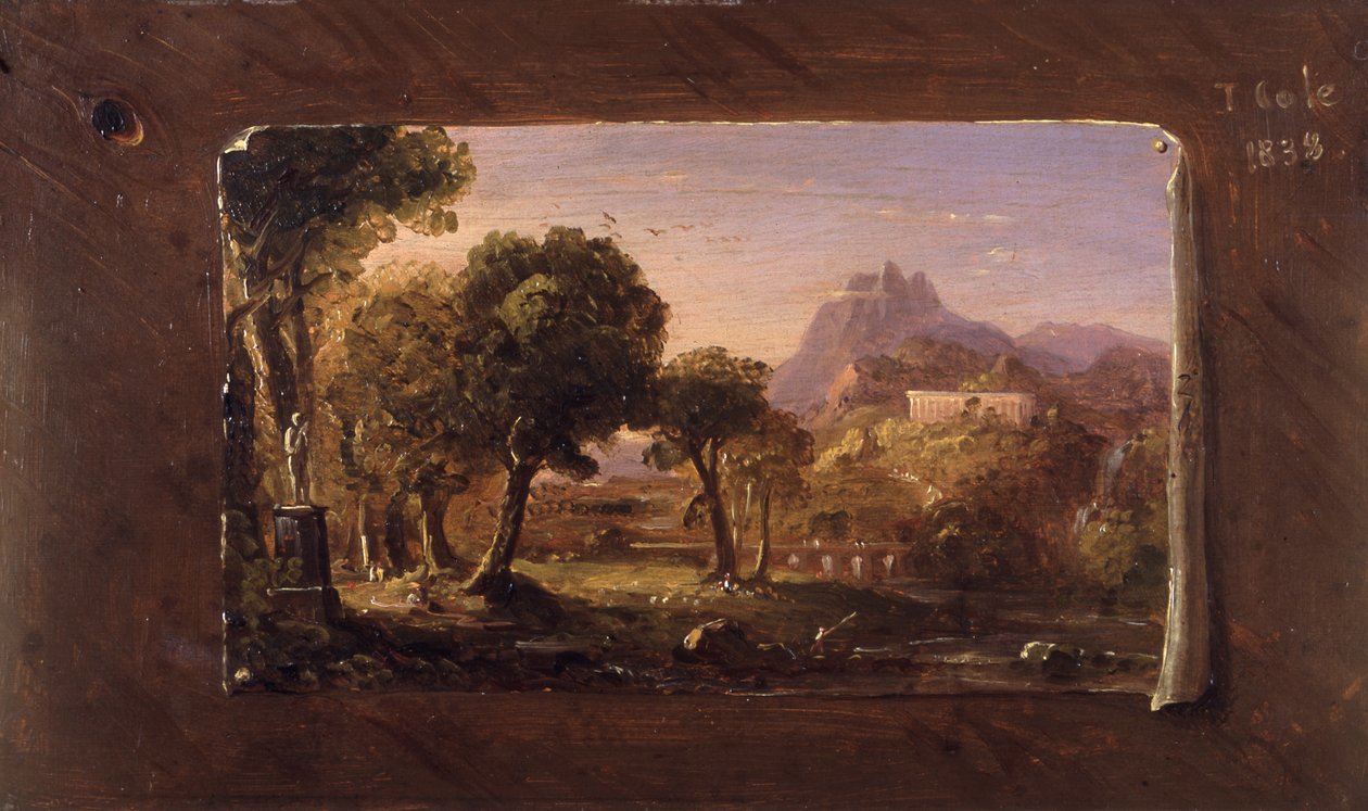 Dream of Arcadia için çalışma, 1838 (ahşap panel üzerine yağlı boya) by Thomas Cole