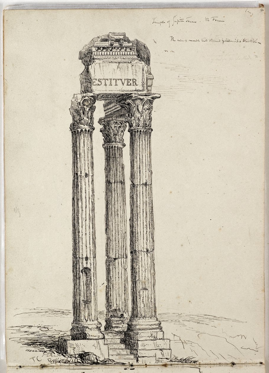 Temple of Vespasian, Called the Temple of Jupiter Tonans, Roman, Forum, c. 1831 (pen & ink over pencil on paper) by Thomas Cole