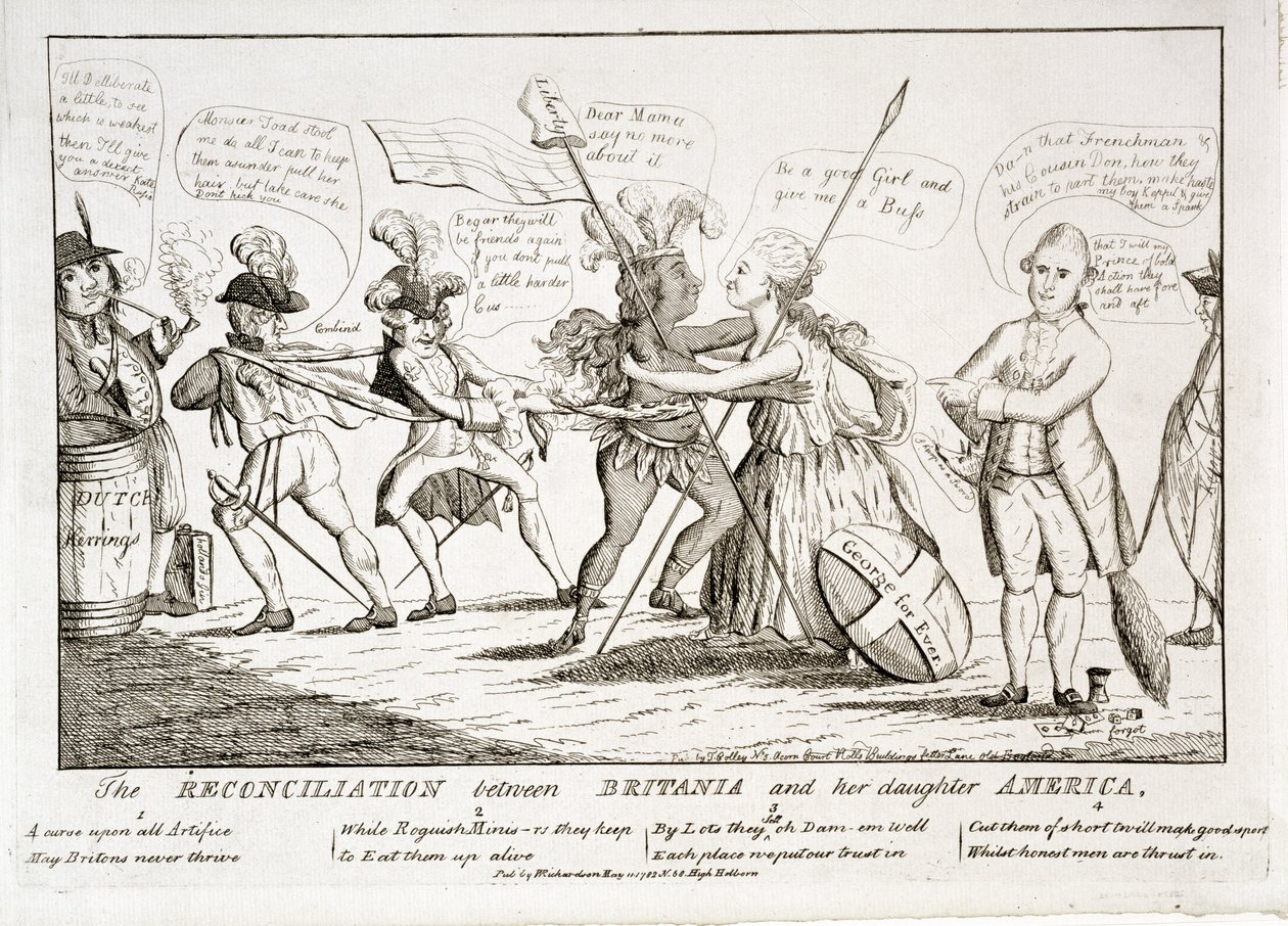 Britannia ve Kızı Amerika Arasındaki Uzlaşma, pub. W. Richardson, 11 Mayıs 1782 by Thomas Colley