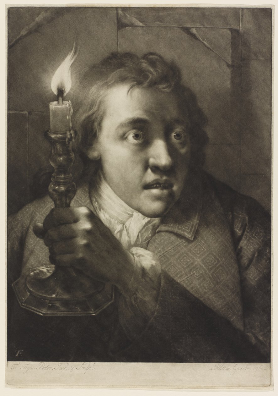 Bir mum tutan genç adam (kağıt üzerinde mezzotint) by Thomas Frye