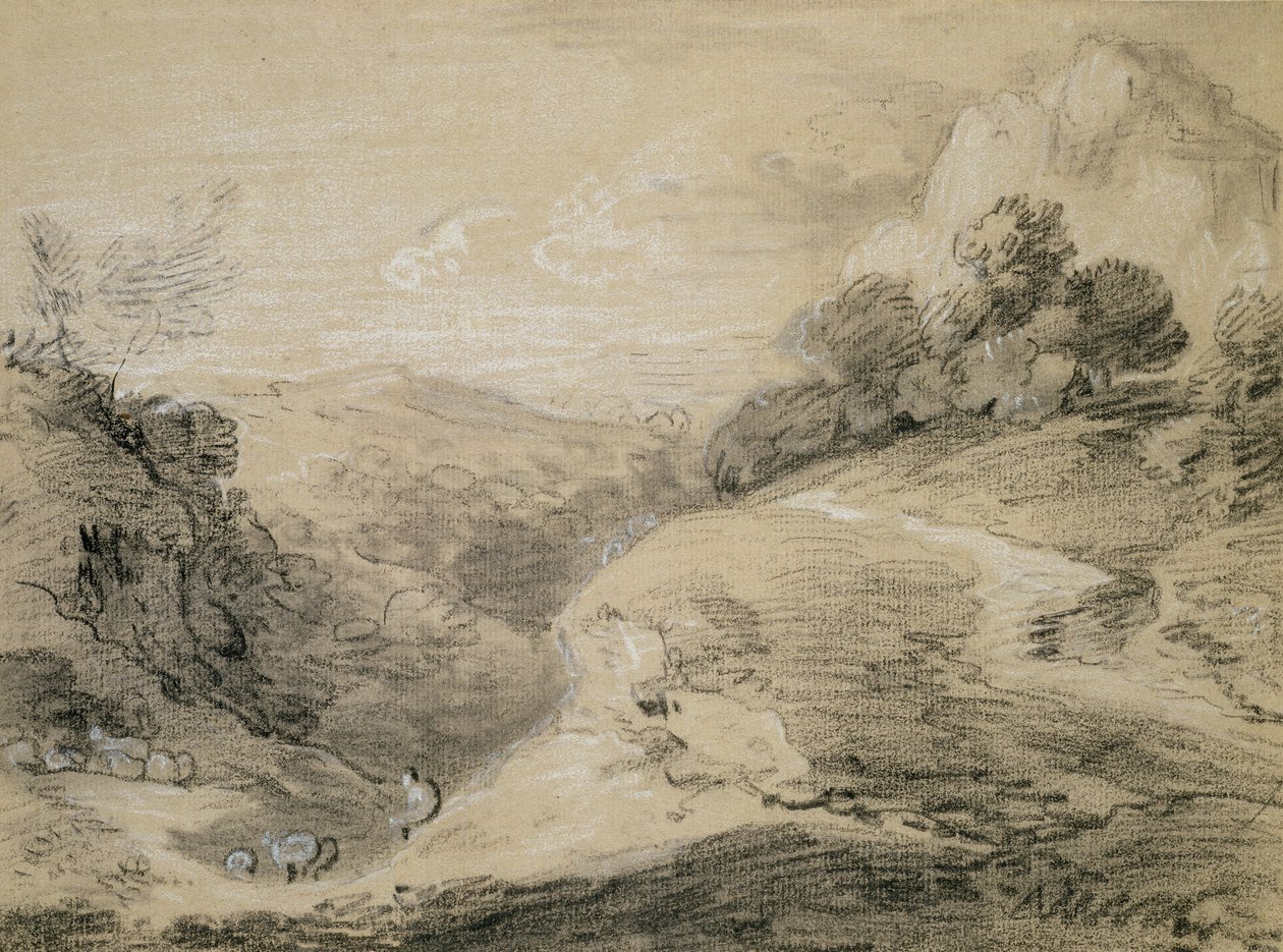 Çoban ve Koyunlu Tepelik Bir Manzara (devetüyü kağıt üzerine siyah beyaz tebeşir) by Thomas Gainsborough