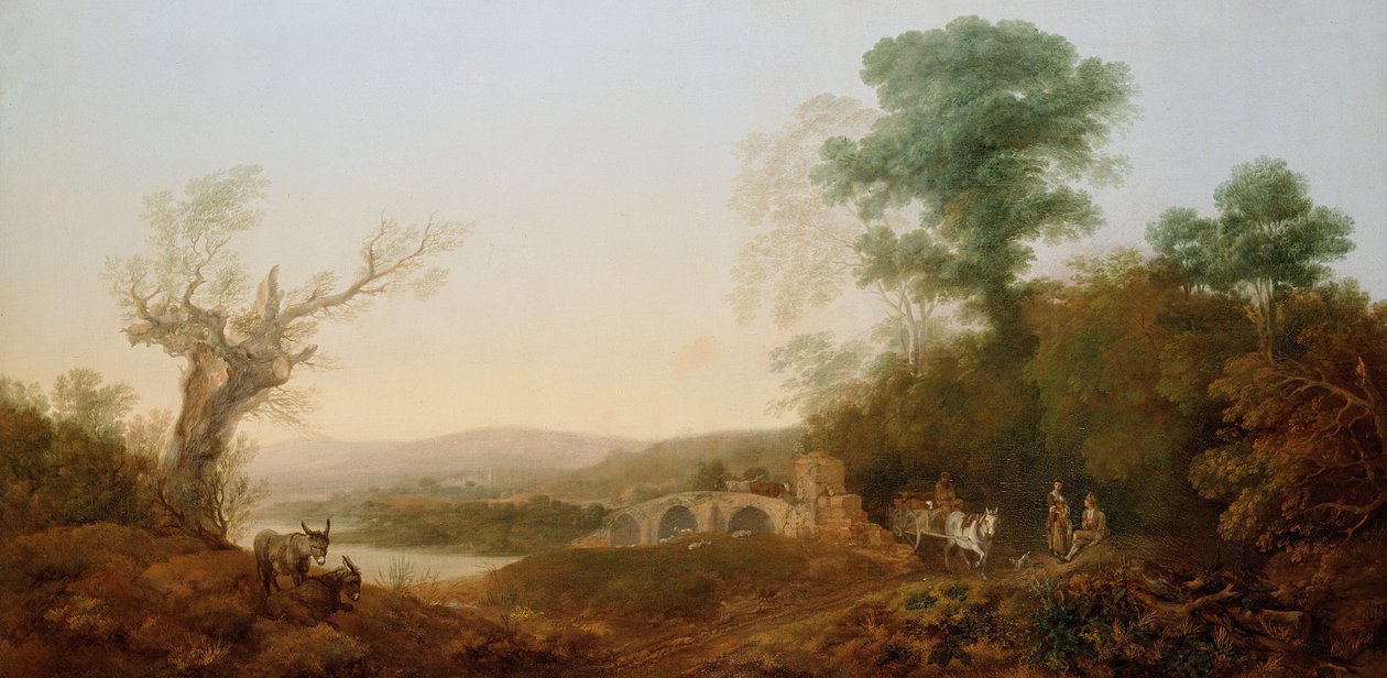 Bir Ormanın Kenarında Dinlenen Gezginlerle Bir Nehir Manzarası by Thomas Gainsborough