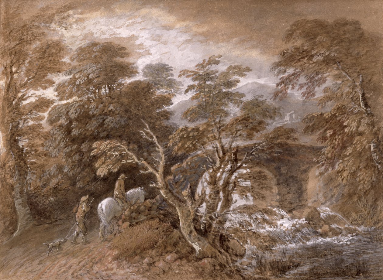 A Woodland Pool with Rocks and Plants, c.1765-70 (grafit üzerine wc ve siyah tebeşir, kağıt üzerine yağlı boya ile) by Thomas Gainsborough