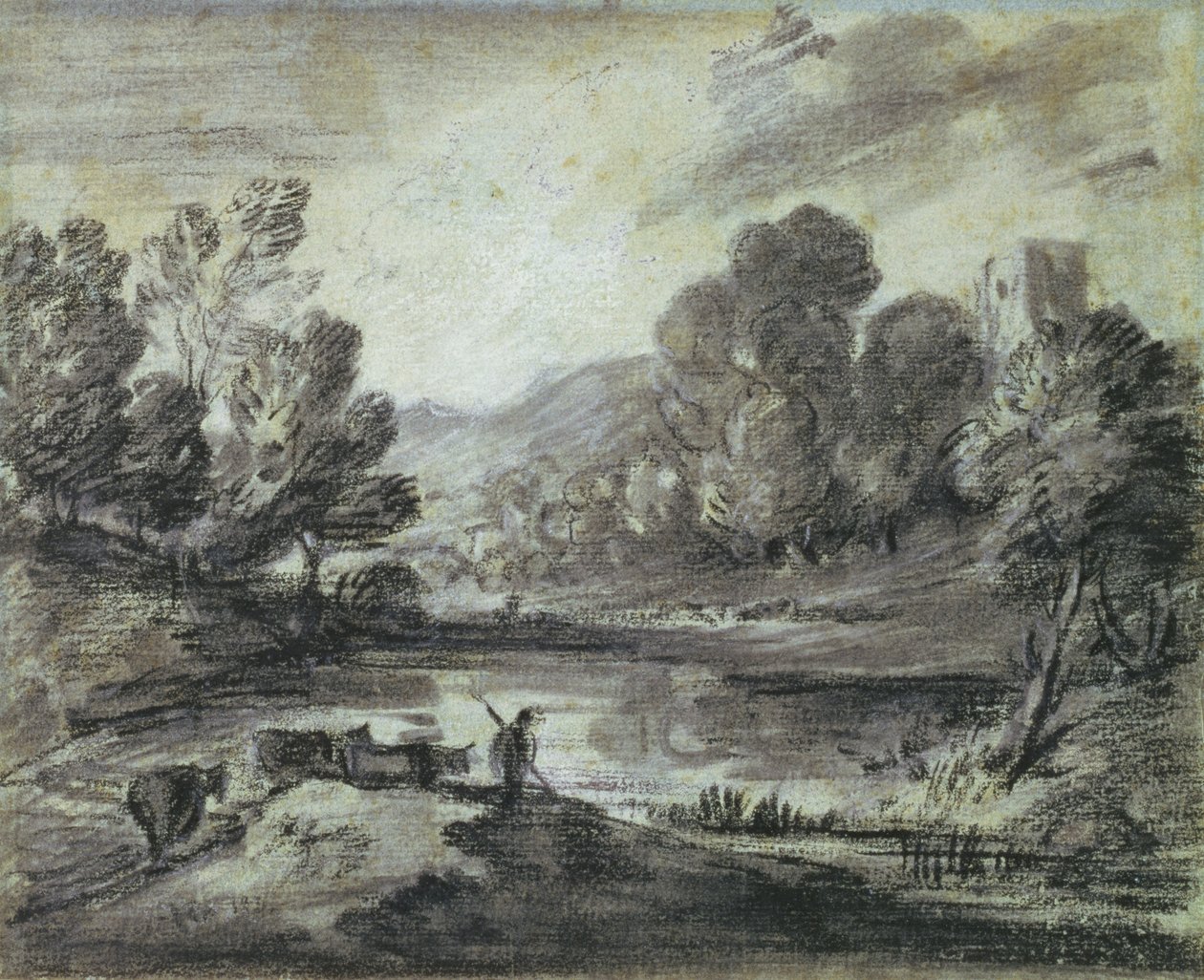 Tepelik bir manzara, c.1775-80 (mavi kağıt üzerine siyah tebeşir, kütük ve beyaz tebeşir) by Thomas Gainsborough