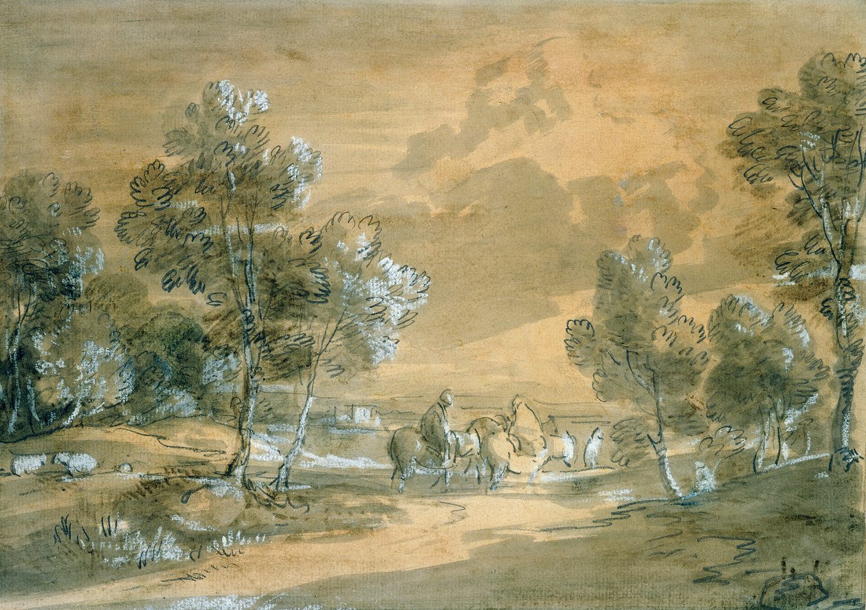 Yolcuların Yolda Olduğu Açık Bir Manzara (grafit üzerine wc ve tebeşir) by Thomas Gainsborough