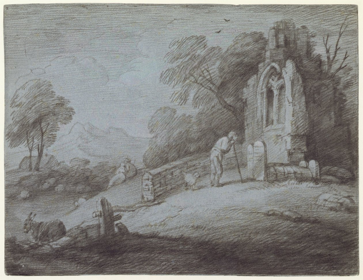Mezar Taşı Tasarlayan Figürlü Kilise Bahçesi (kağıt üzerine gravür) by Thomas Gainsborough