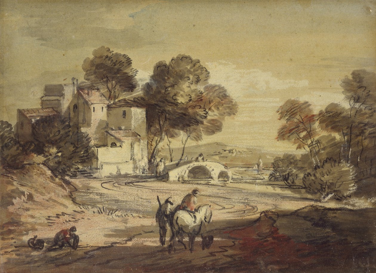 Dolambaçlı bir Yolda Gezginlerle İtalyan Manzarası, 1775 - 1779 (siyah tebeşir, suluboya ve gövde rengi, vernikli) by Thomas Gainsborough
