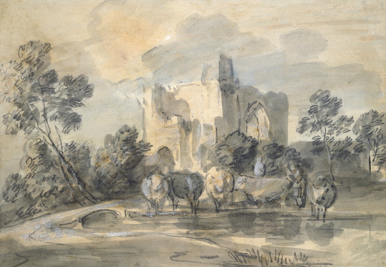Yıkık bir Kale ve Havuz Kenarında Sığır ile manzara (siyah tebeşir ve suluboya, beyazla vurgulanmış, soluk devetüyü kağıt üzerinde) by Thomas Gainsborough