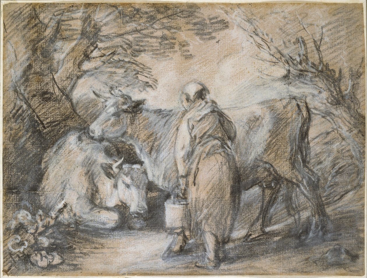 İki inekli sütçü kız (siyah tebeşir ve beyazla yükseltilmiş kütük, pembe ile hazırlanmış kaba kağıt üzerinde) by Thomas Gainsborough