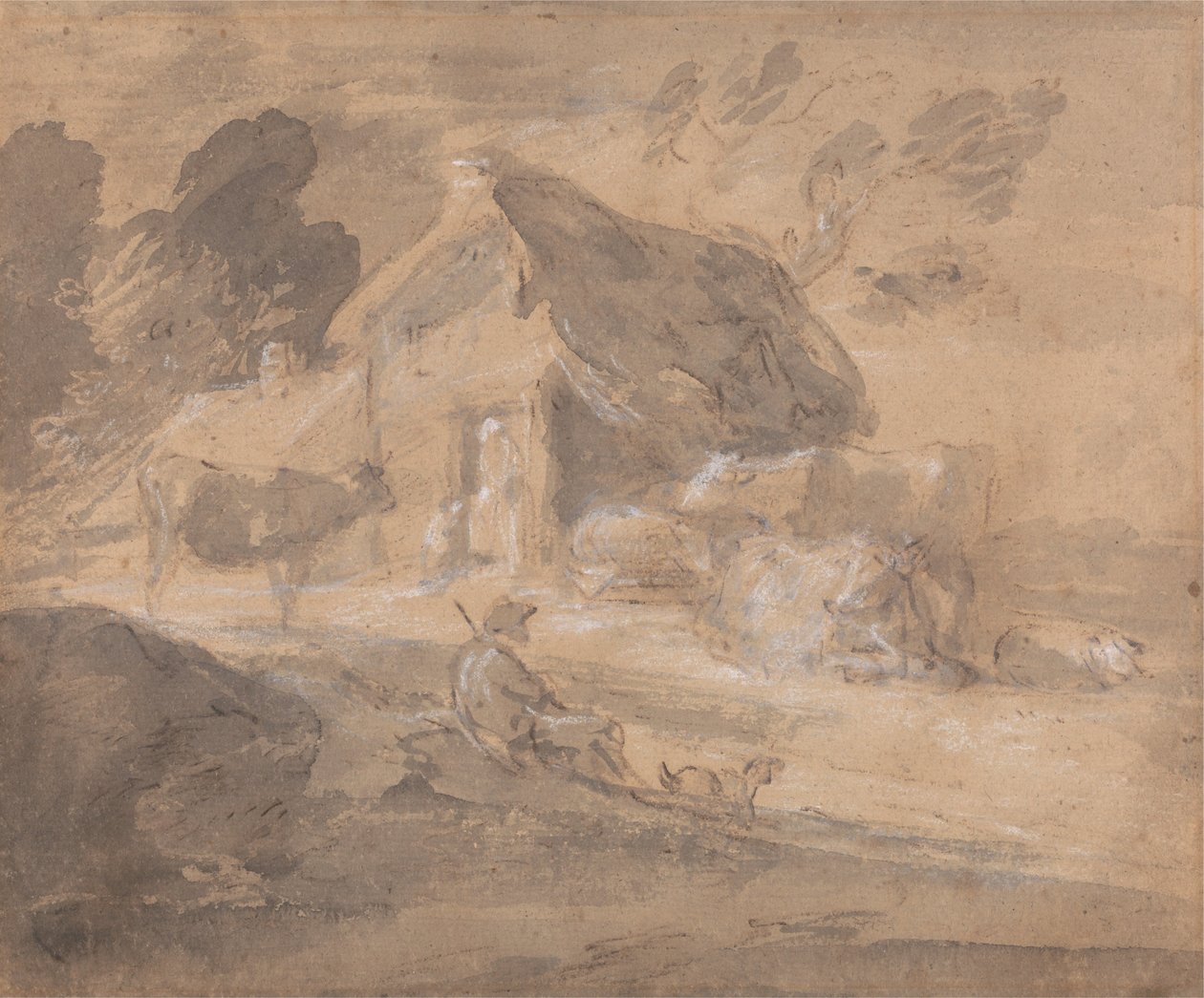Figürler, İnekler ve Kulübe ile Açık Peyzaj by Thomas Gainsborough