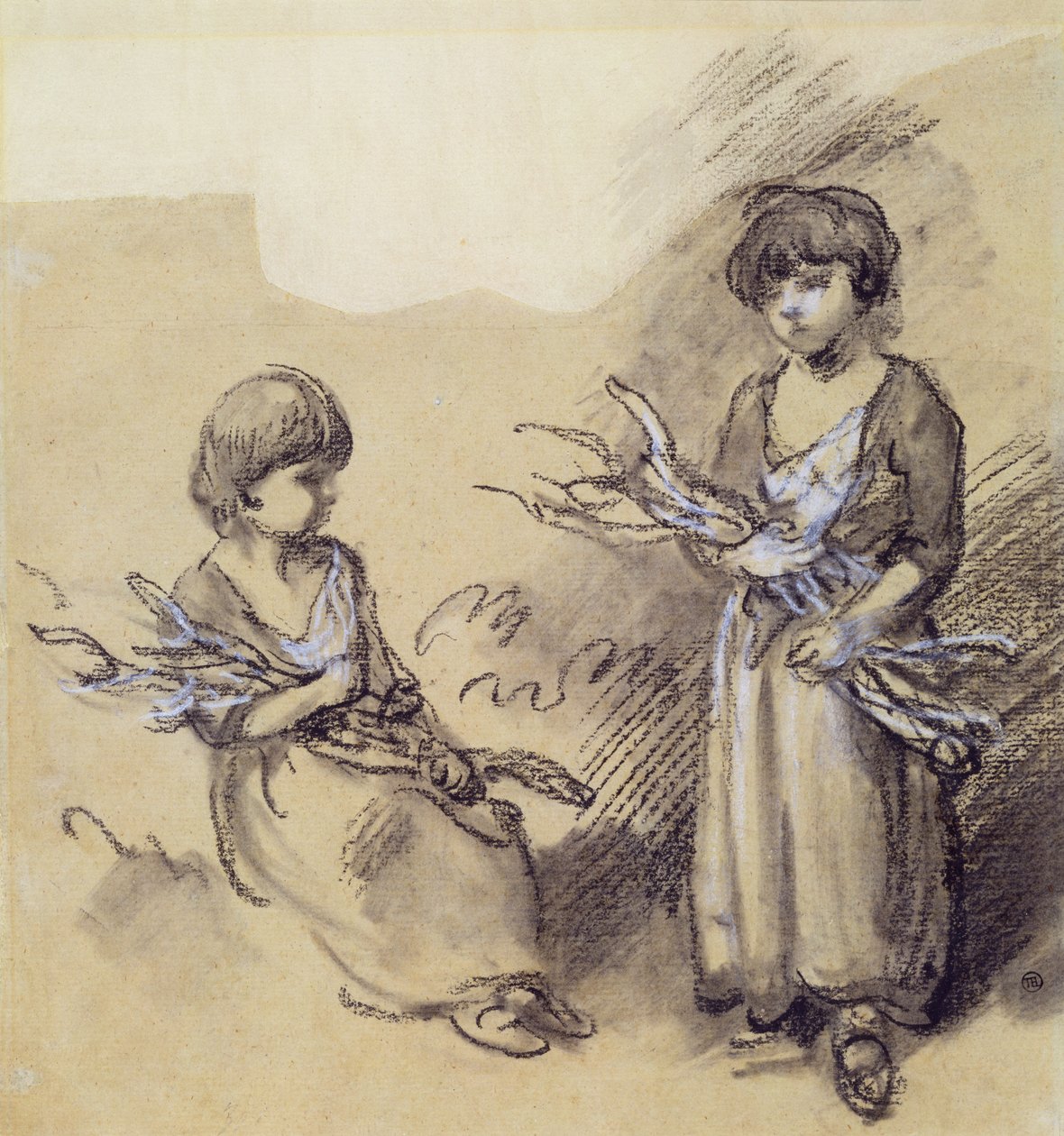 İbne Taşıyan Kızların Çalışması (kağıt üzerinde beyaz ile yükseltilmiş tebeşir) by Thomas Gainsborough