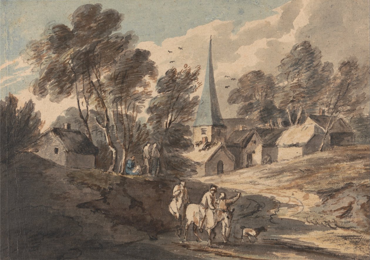 Atlı Yolcular Kuleli Bir Köye Yaklaşıyor by Thomas Gainsborough