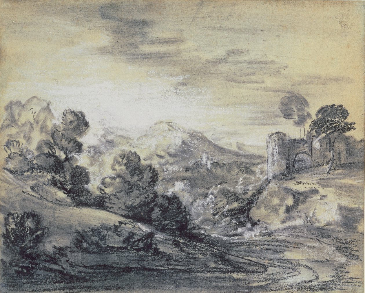 Kaleli Ormanlık Manzara, c.1785-88 (döşemeli kağıt üzerine siyah ve beyaz tebeşir) by Thomas Gainsborough