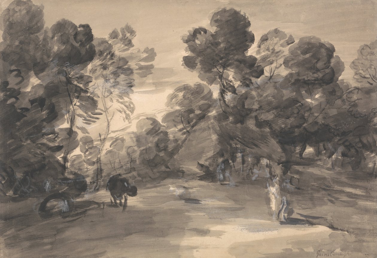 Rakamlar, Kulübe ve İnek ile Ormanlık Peyzaj by Thomas Gainsborough