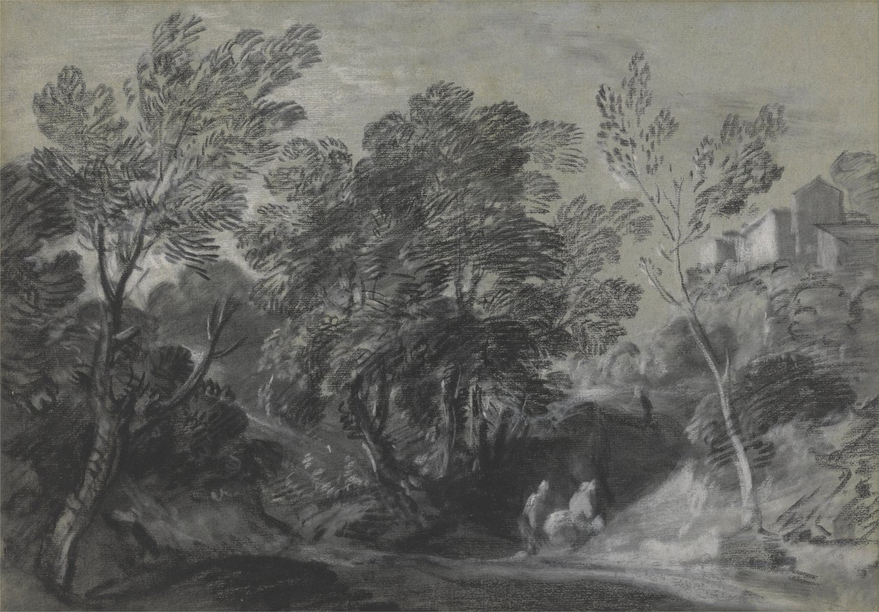 Tepede Rakamlar ve Evler ile Ormanlık Peyzaj by Thomas Gainsborough