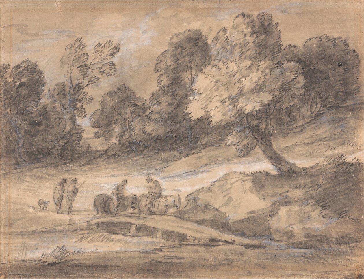 Bir Köprüyü Geçerken At Üzerinde Figürlerle Ormanlık Peyzaj by Thomas Gainsborough