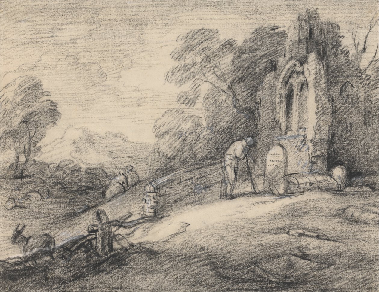 Yıkılmış Bir Kilisenin Yanındaki Mezar Taşındaki Yazıyı Okuyan Köylü ile Ormanlık Peyzaj, Figürler,... by Thomas Gainsborough