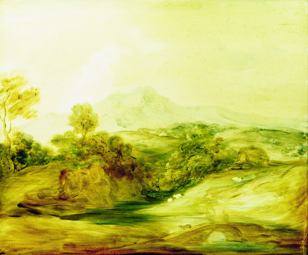 Bir köprü üzerinde figürler ile Ormanlık Nehir manzarası, c.1783-4 (cam üzerine boya) by Thomas Gainsborough