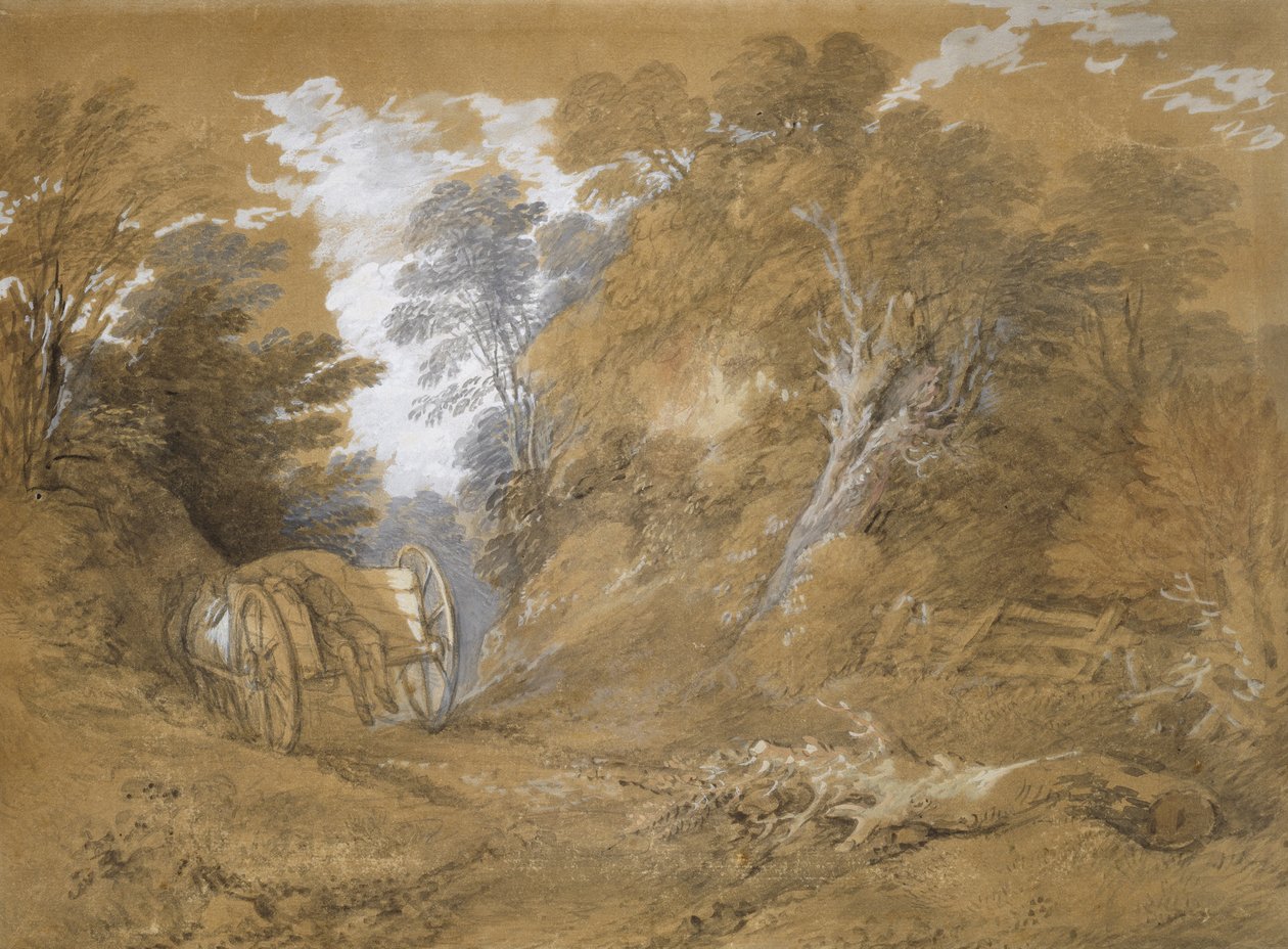 Bir arabada uyuyan bir köylü çocuğu ile ormanlık manzara (kahverengi kağıt üzerinde grafit içinde soluk işaretler üzerine suluboya ve gövde rengi) by Thomas Gainsborough