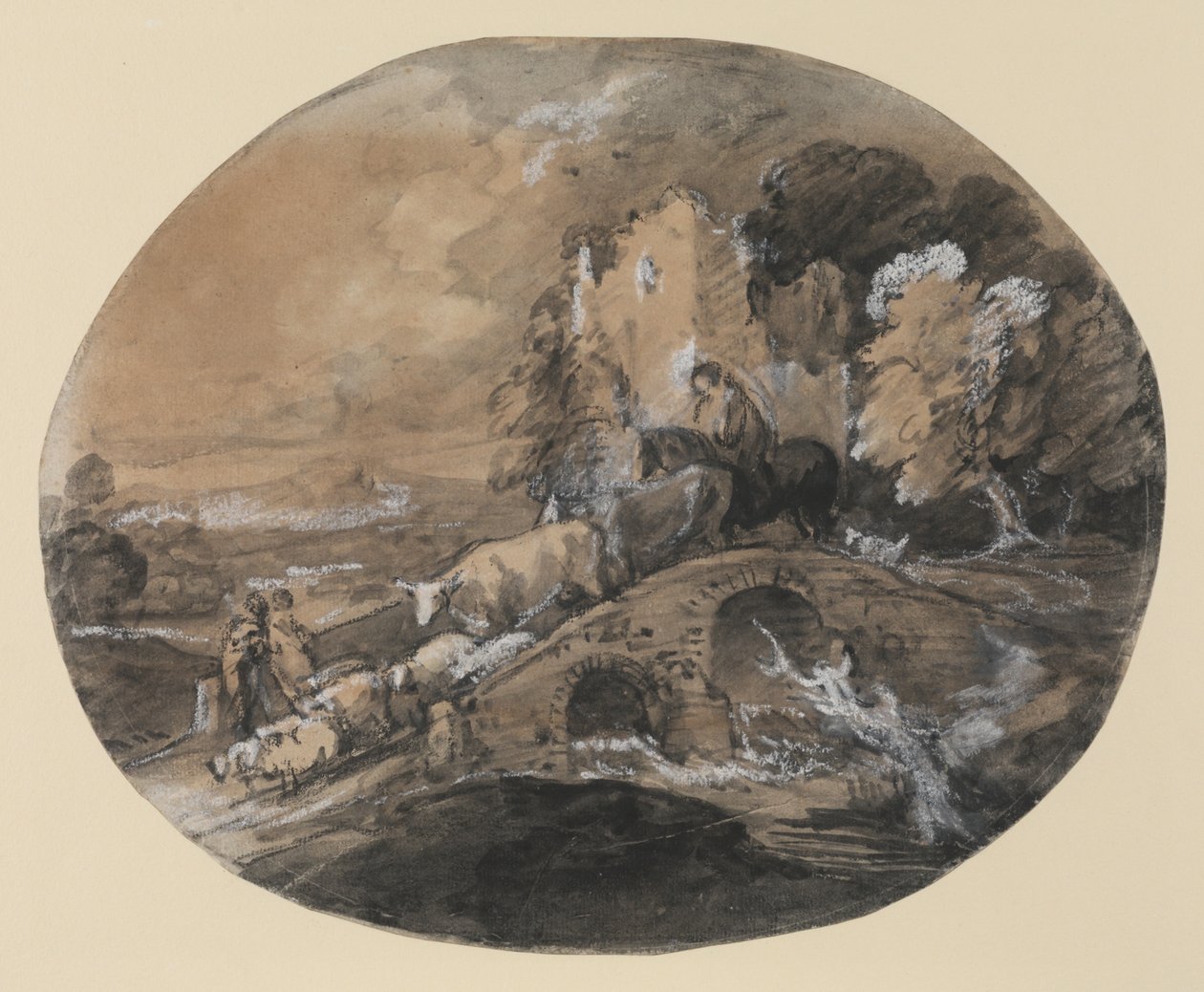 Sığırları bir köprüden geçen çoban, köylüler ve harap bir kale, 1781 (siyah mürekkep yıkama, kağıt üzerinde beyazla yükseltilmiş siyah tebeşir) by Thomas Gainsborough