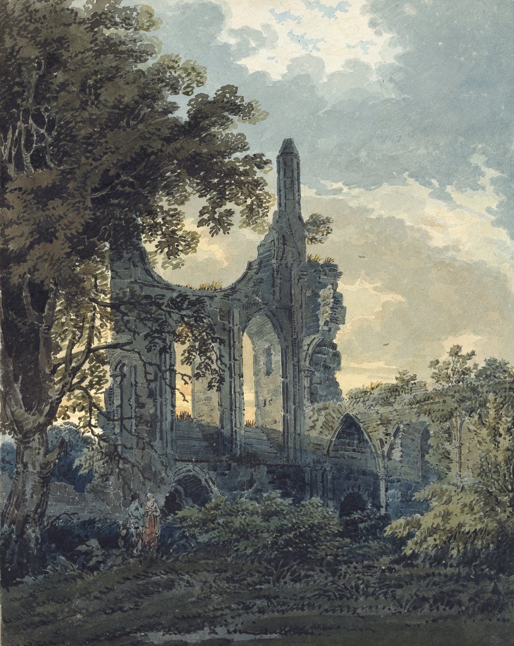 Byland Abbey, Yorkshire, c.1793 (grafit göstergelerin üzerine siyah mürekkeple dokunan sulu boya) by Thomas Girtin