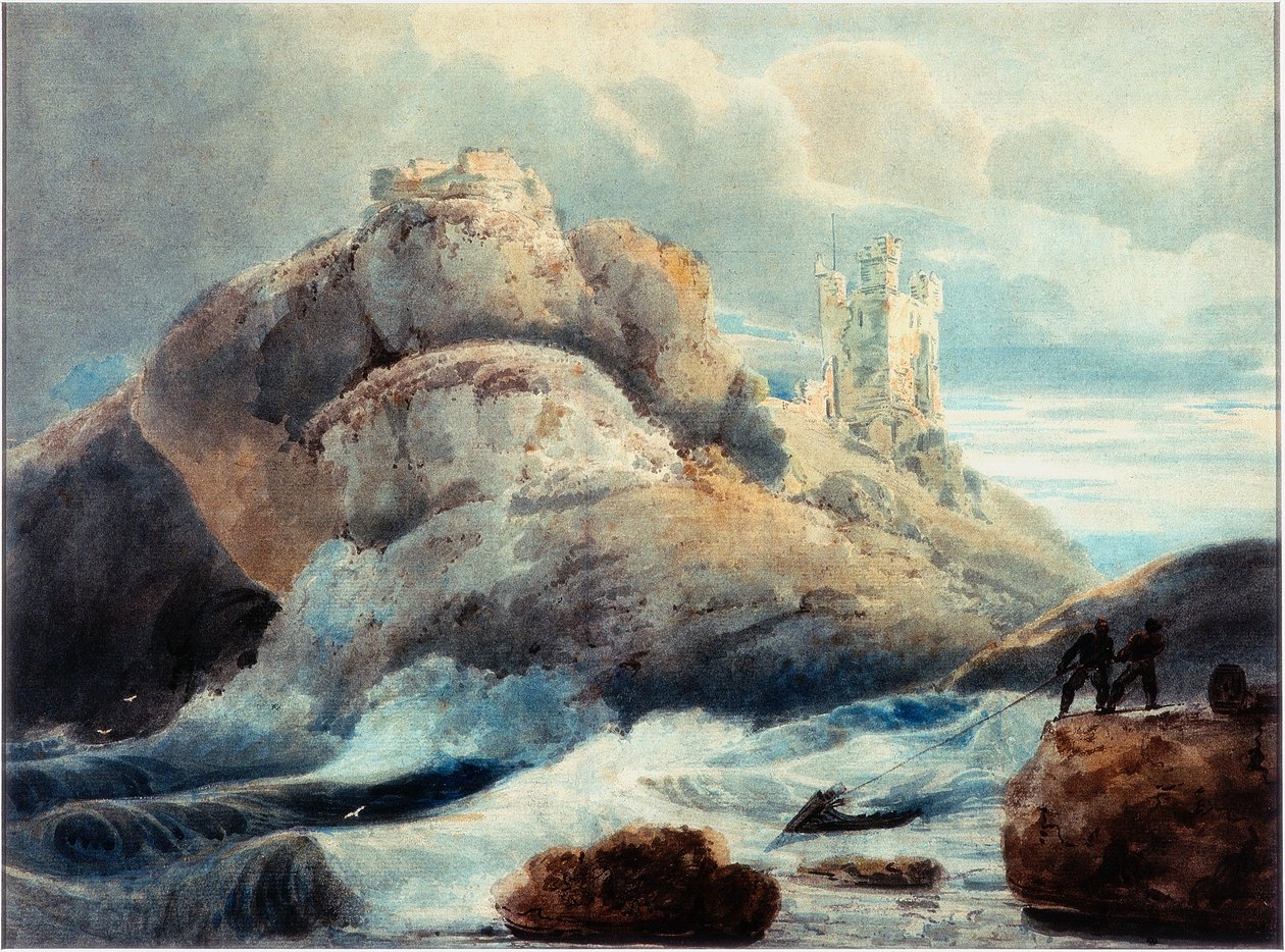 Dunstanburgh Kalesi - Lilburn Kulesi (kağıt üzerine kalem ve sulu boya) by Thomas Girtin