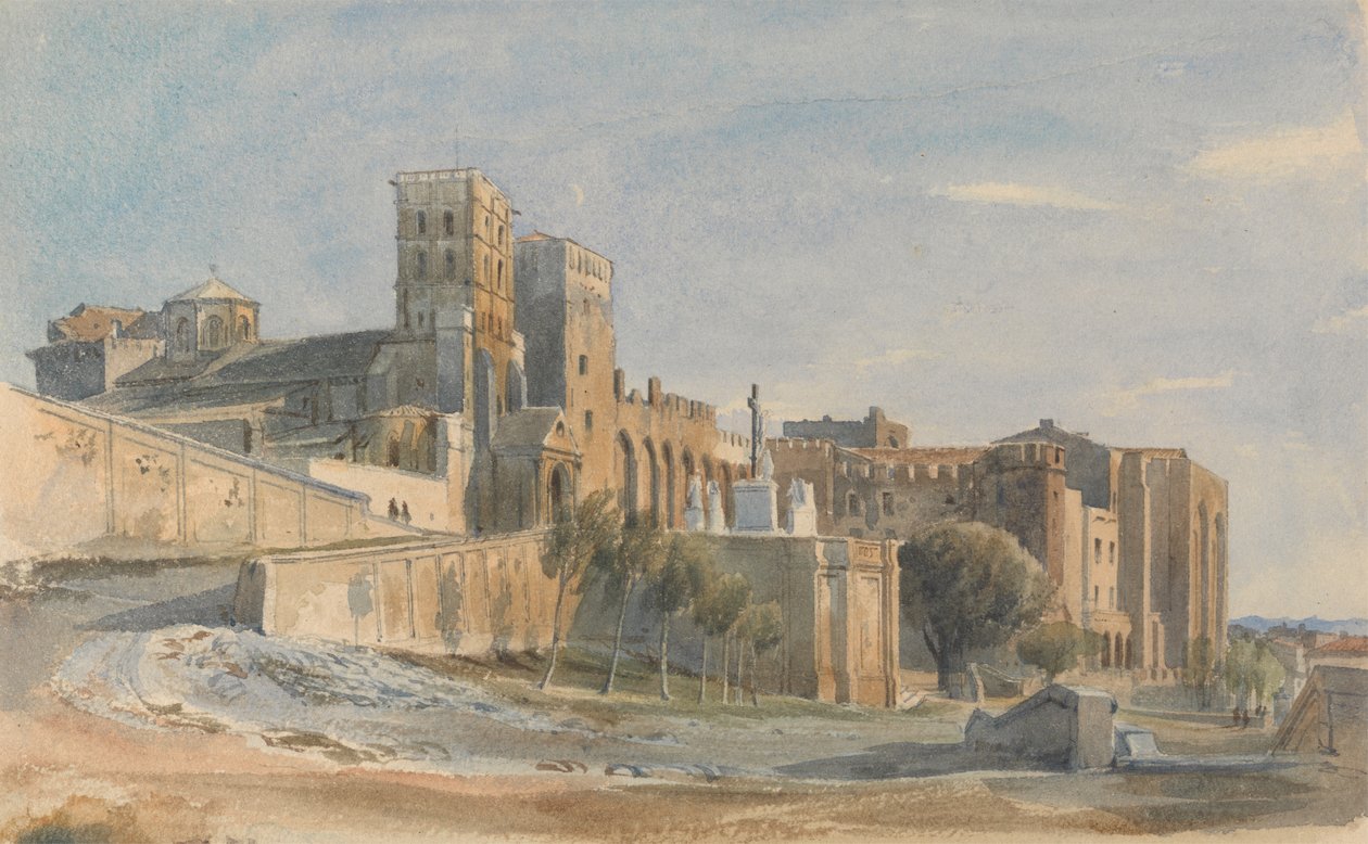 Papalar Katedrali ve Sarayı, Avignon, 1836 (kağıt üzerine kurşun kalemle kazıma ile wc) by Thomas Hartley Cromek