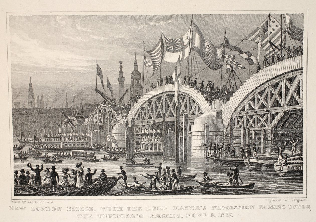 New London Bridge, Lord Mayor's Alayı Bitmemiş Kemerlerin altından geçerken, 8-9 Kasım 1827, 'Londra ve Ondokuzuncu Yüzyıldaki Çevresi' barından. Jones und Co., 1827-1829 by Thomas Hosmer Shepherd