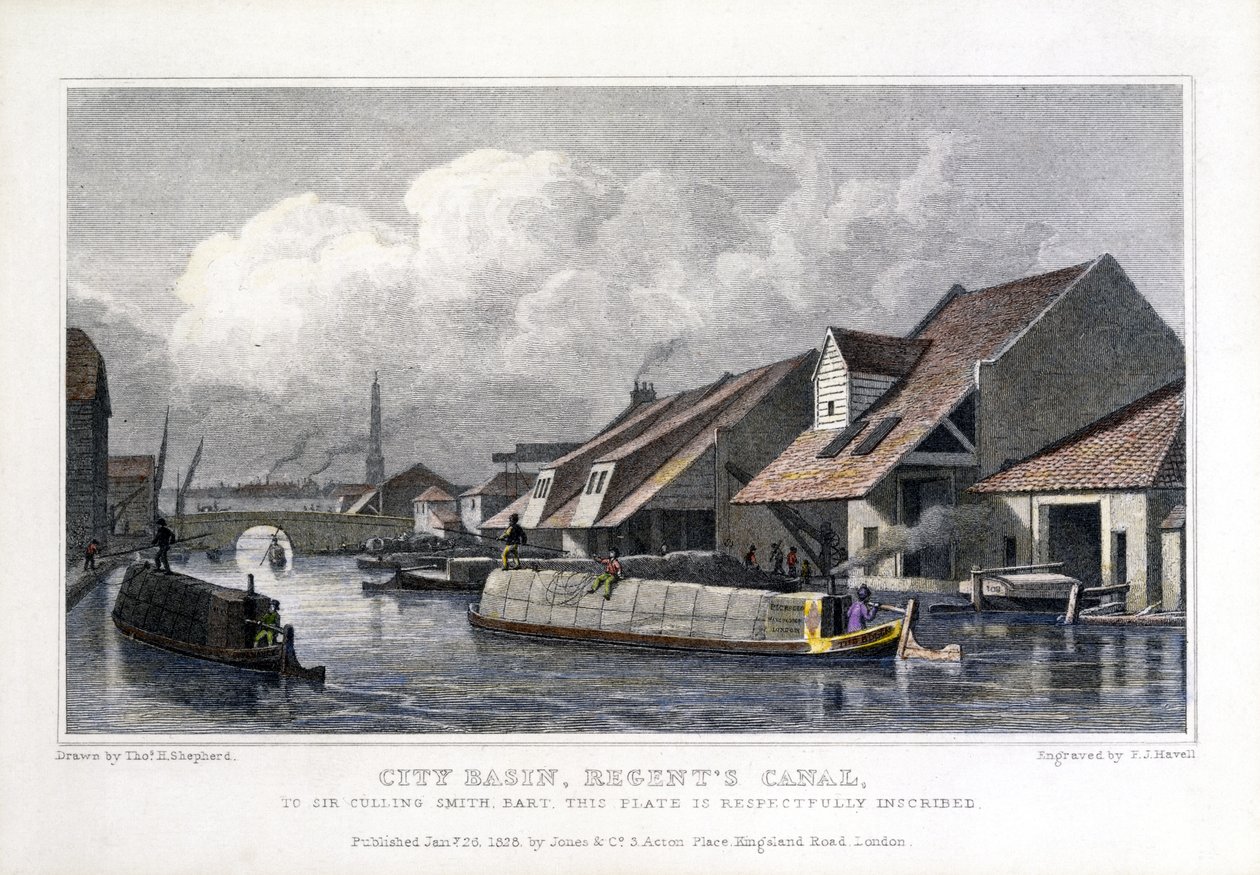 City Basin, Regents Canal, F.J. Havell tarafından kazınmış, 1827 by Thomas Hosmer after Shepherd