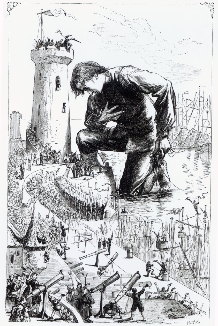 Gulliver, Blefuscudian filosunu çaldıktan sonra Lilliputluların önünde diz çöküyor, Jonathan Swift