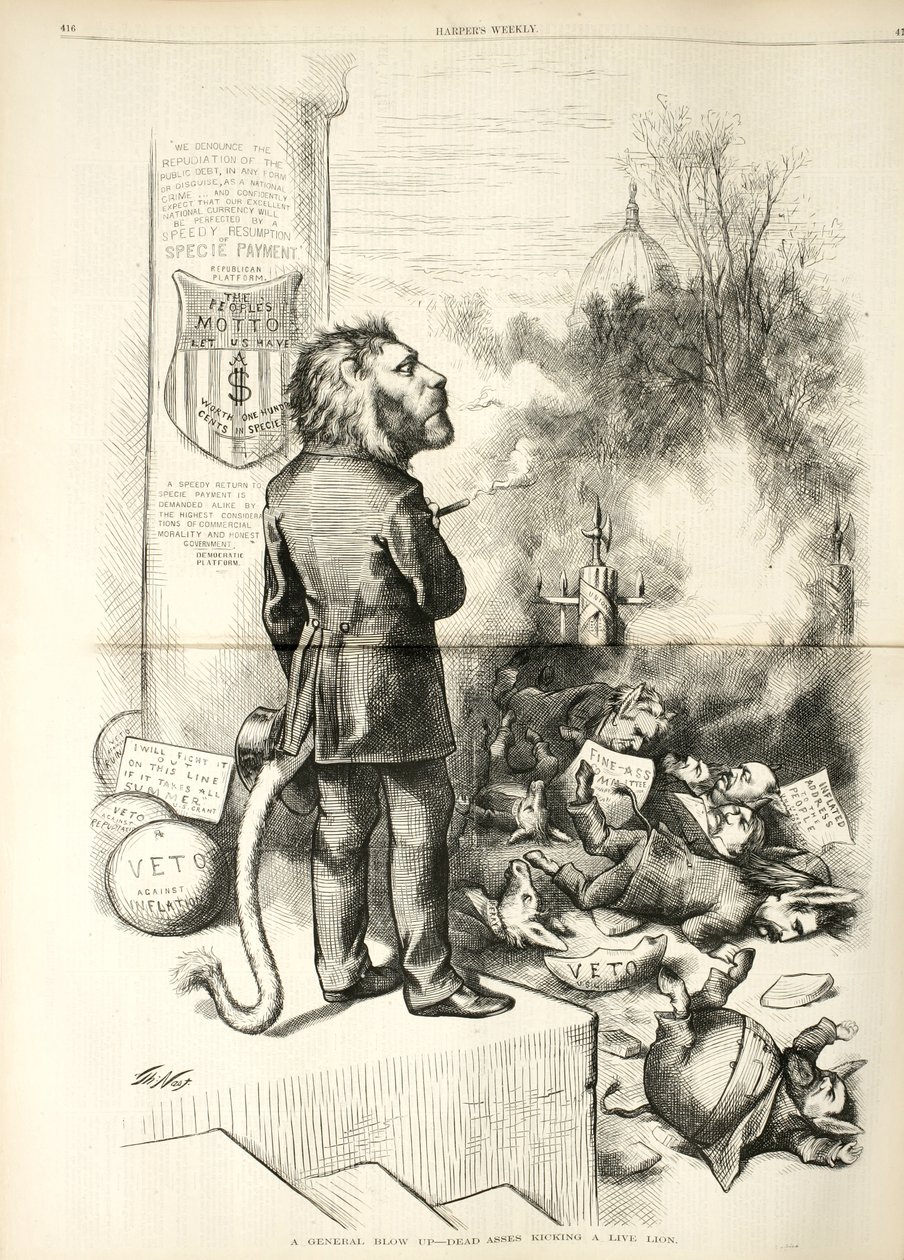 Genel Bir Patlama - Canlı Aslanı Tekmeleyen Ölü Kıçlar, 1874 (ahşap oyma) by Thomas Nast