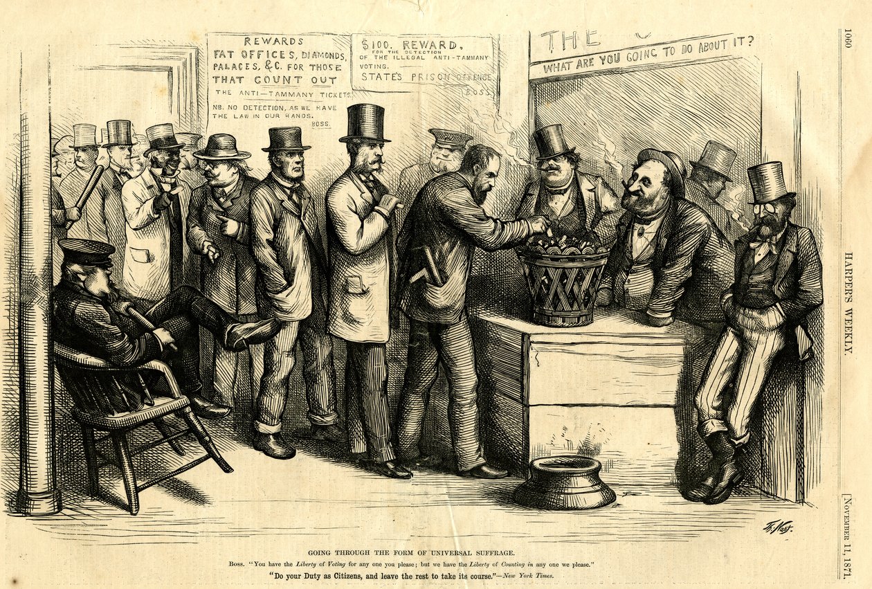 Evrensel Oy Hakkı Biçiminde Geçmek, 1871 (ahşap gravür) by Thomas Nast